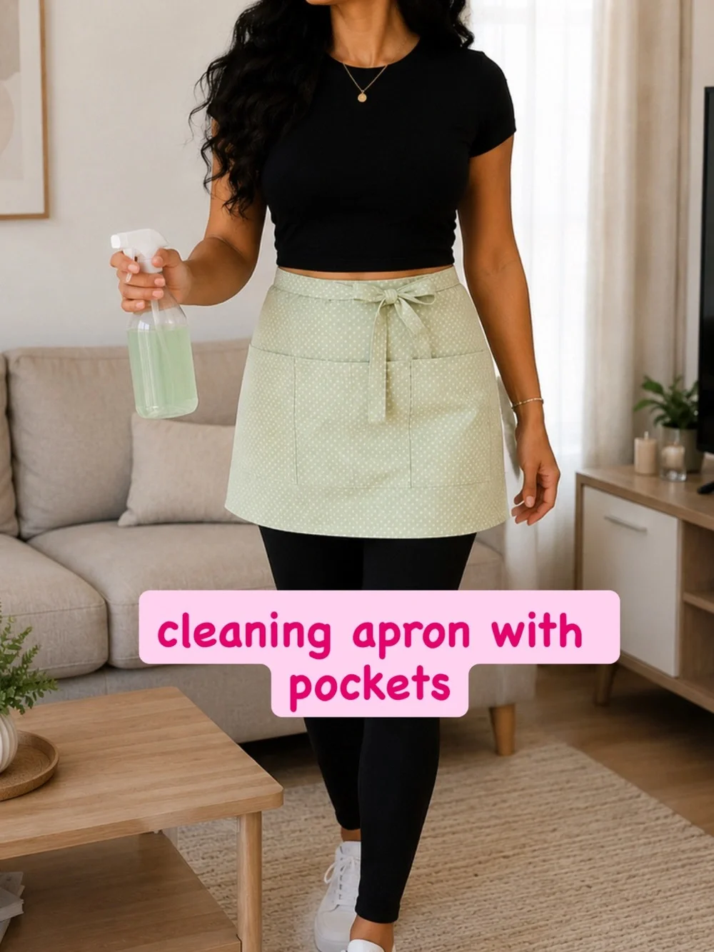Light Green Pocket Cleaning Apron with Tie Waist